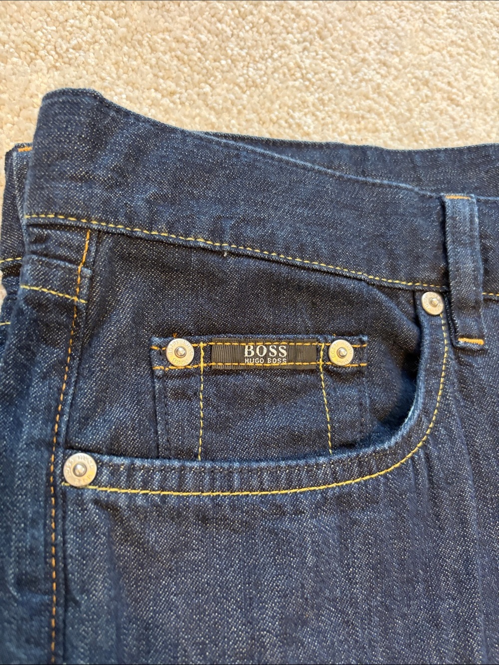 Hugo Boss Men's Straight Jeans in Dark Blue with Yellow Stitching